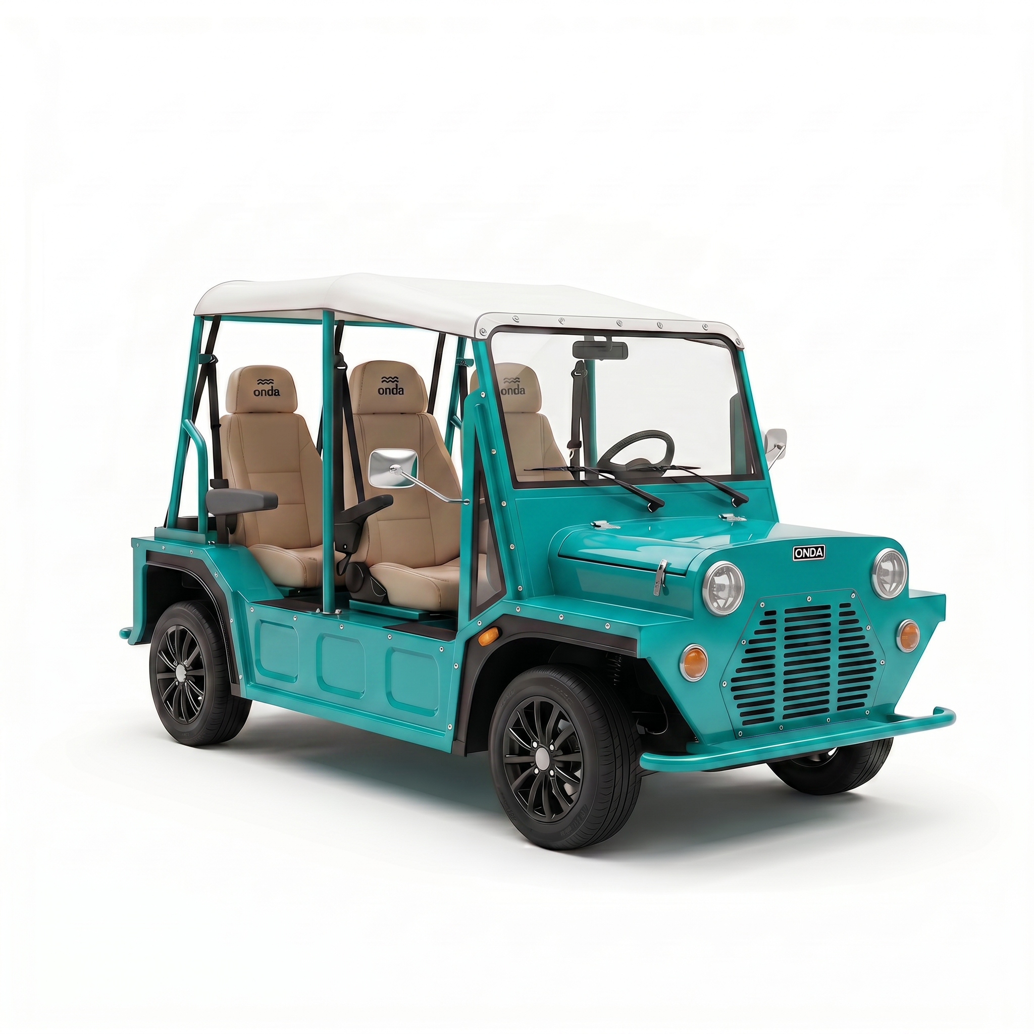 Teal golf cart with beige seats on a white background