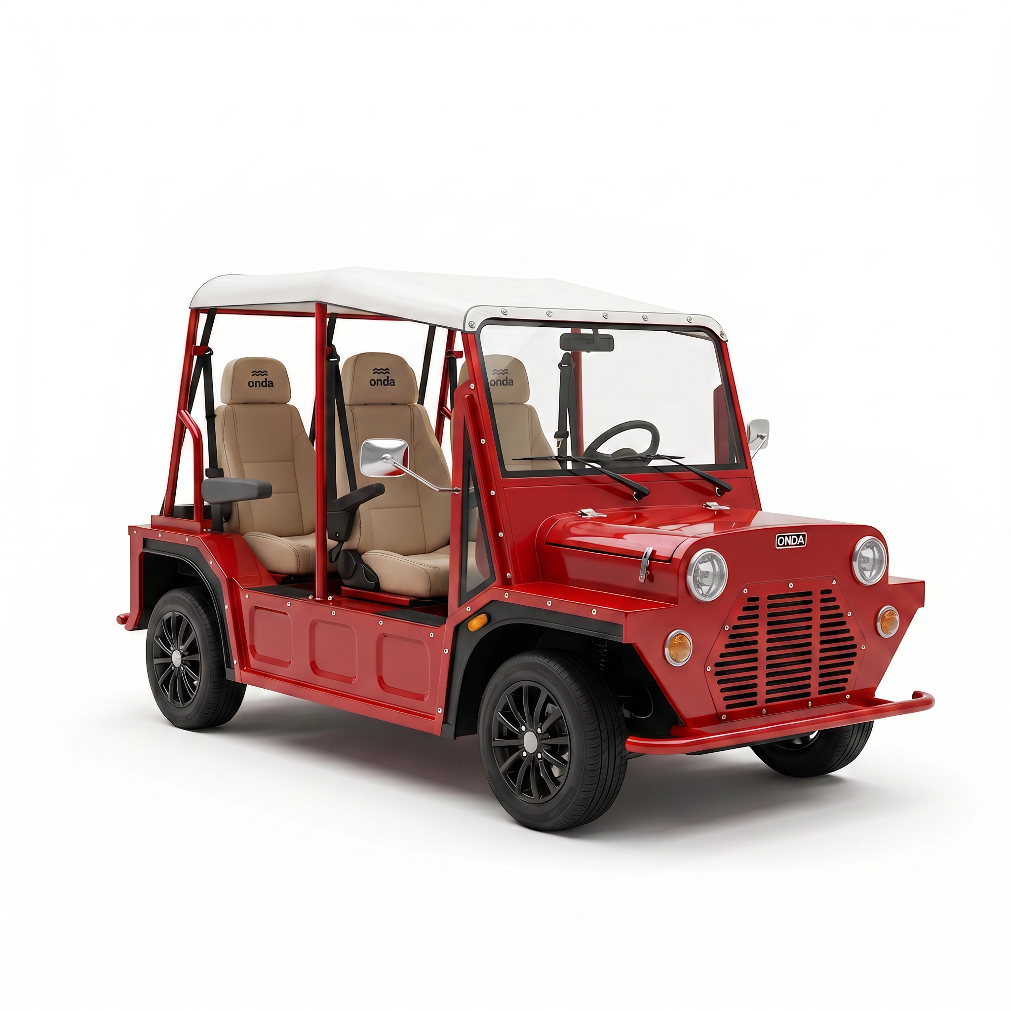 Red golf cart with beige seats on a white background