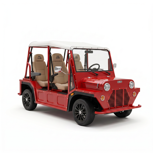 Red golf cart with beige seats on a white background