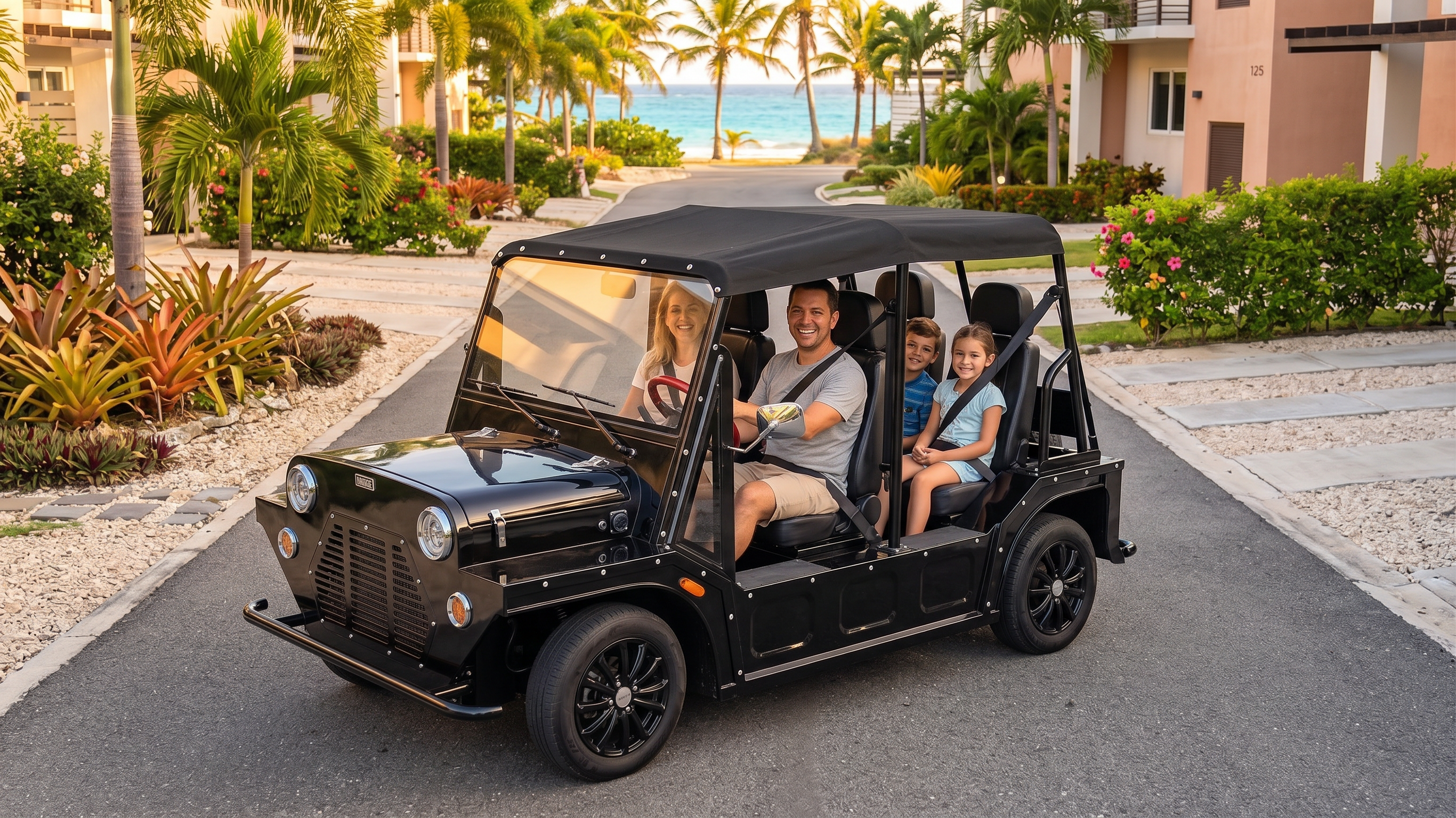 Family in a black off-road vehicle on a scenic road with palm trees and ocean view.