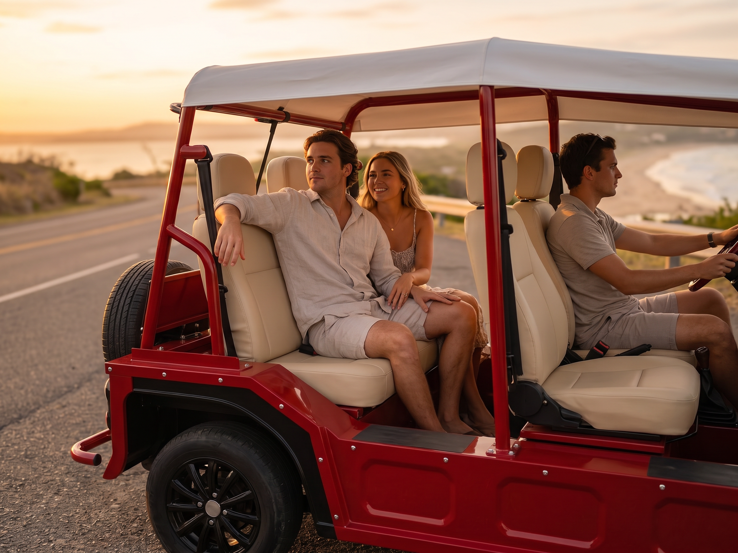 Three people in a red golf cart on a road with a scenic background