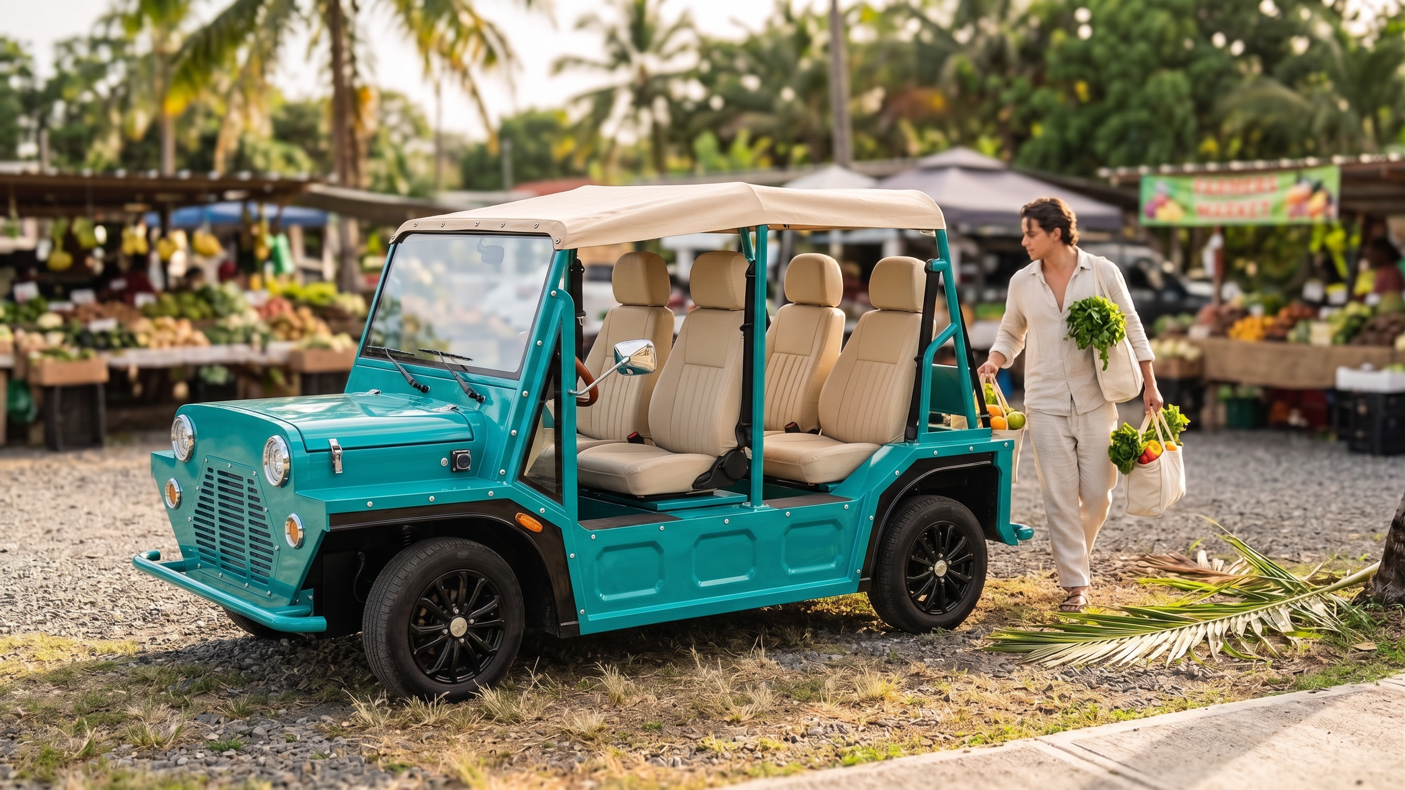 Turquoise electric vehicle with beige interior on a grassy area near a market.