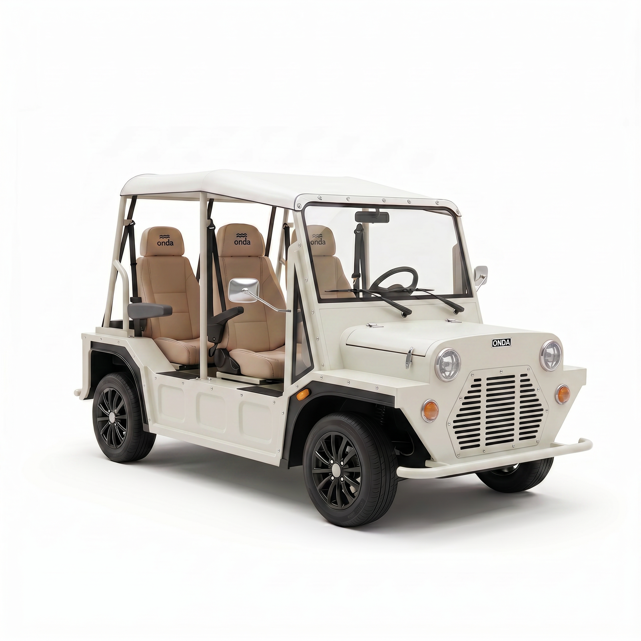 White electric vehicle with brown seats on a white background