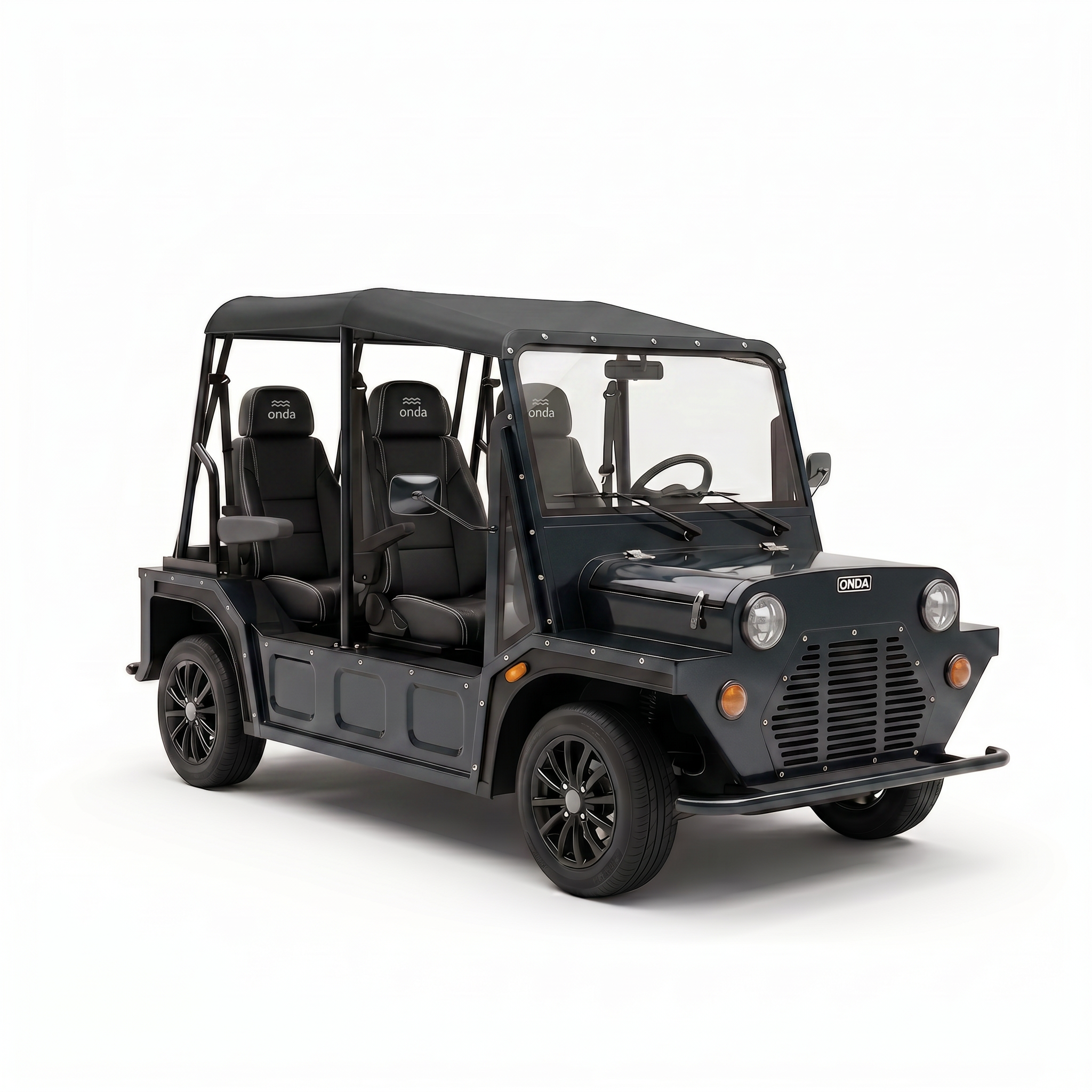 Black electric vehicle with four seats on a white background