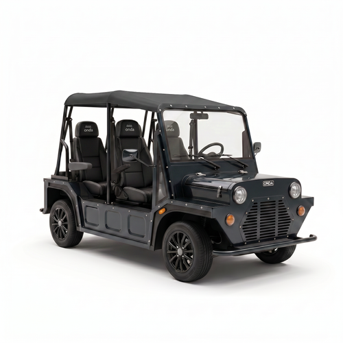 Black electric vehicle with four seats on a white background