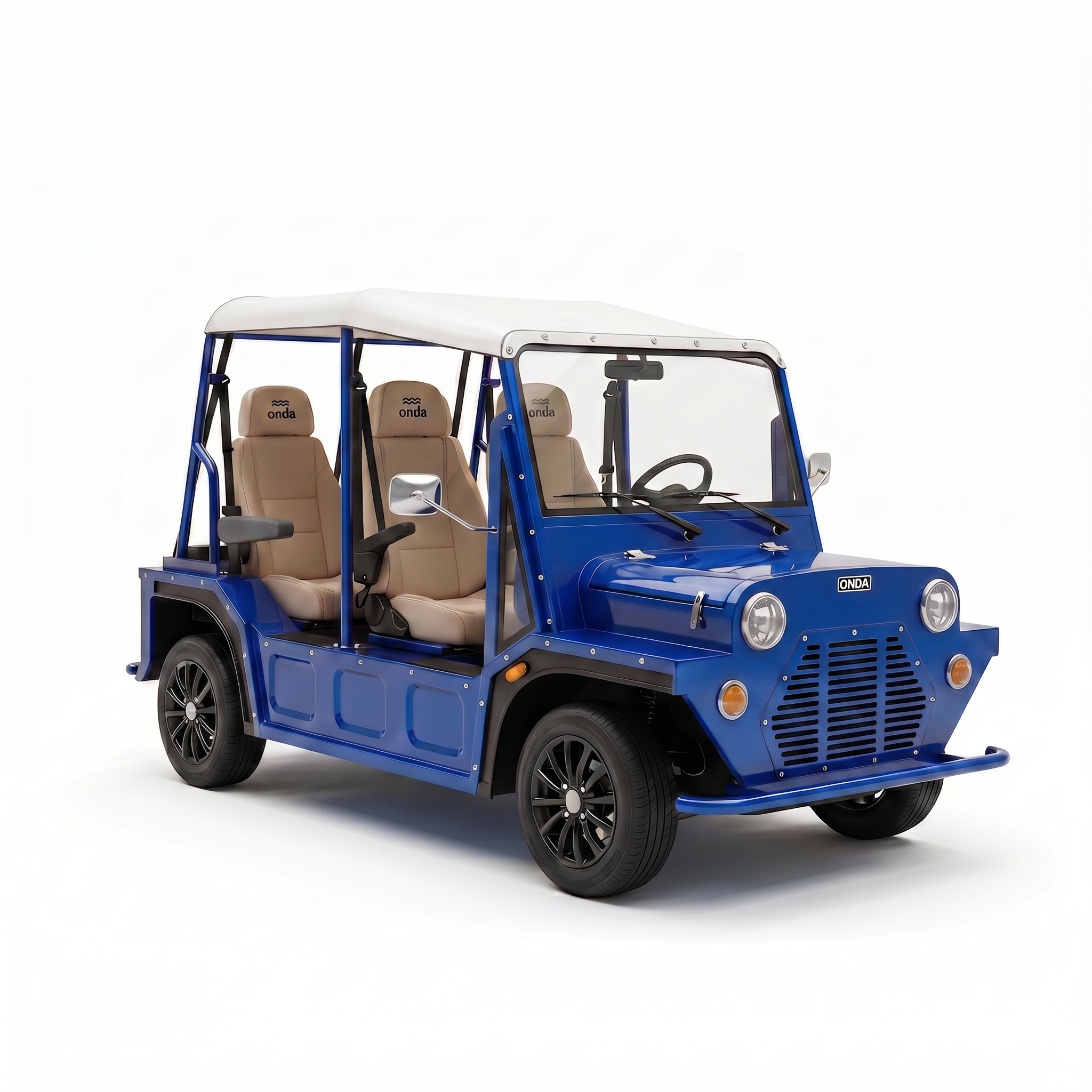 Blue electric vehicle with beige seats on a white background